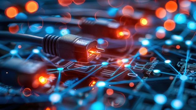 closeup electronic cables connected circuit board with glowing lights 1232269 18229